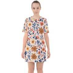 Boho Flowers Seamless Patternn Sixties Short Sleeve Mini Dress