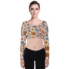 Boho Flowers Seamless Patternn Velvet Long Sleeve Crop Top by Jack14