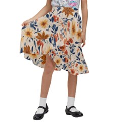 Boho Flowers Seamless Patternn Kids  Ruffle Flared Wrap Midi Skirt