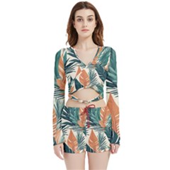Colorful Tropical Leaf Velvet Wrap Crop Top And Shorts Set by Jack14