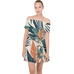 Colorful Tropical Leaf Off Shoulder Chiffon Dress