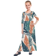 Colorful Tropical Leaf Kids  Quarter Sleeve Maxi Dress