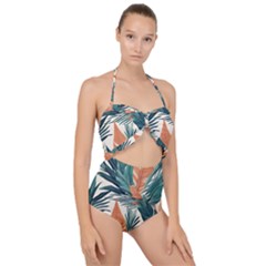 Colorful Tropical Leaf Scallop Top Cut Out Swimsuit