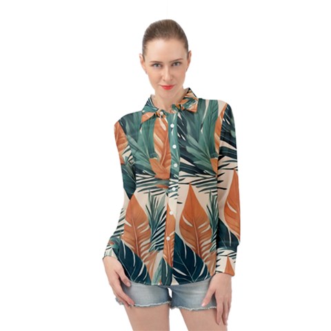 Colorful Tropical Leaf Long Sleeve Chiffon Shirt by Jack14