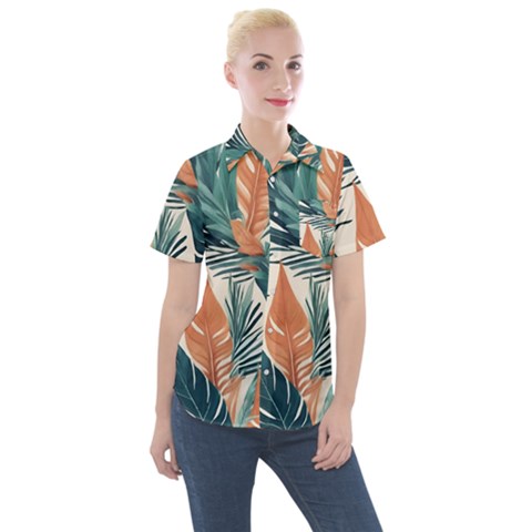 Colorful Tropical Leaf Women s Short Sleeve Pocket Shirt by Jack14