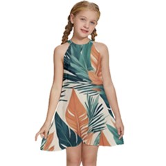 Colorful Tropical Leaf Kids  Halter Collar Waist Tie Chiffon Dress by Jack14