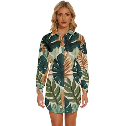 Tropical Leaf Womens Long Sleeve Shirt Dress by Jack14