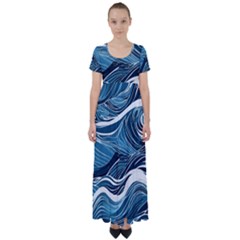 Abstract Blue Ocean Wave High Waist Short Sleeve Maxi Dress by Jack14