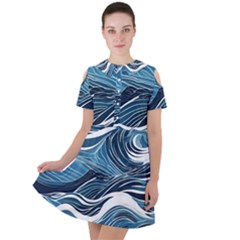 Abstract Blue Ocean Wave Short Sleeve Shoulder Cut Out Dress  by Jack14