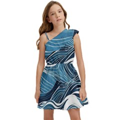 Abstract Blue Ocean Wave Kids  One Shoulder Party Dress by Jack14