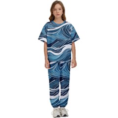 Abstract Blue Ocean Wave Kids  T-shirt And Pants Sports Set