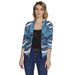 Abstract Blue Ocean Wave Women s Draped Front 3/4 Sleeve Shawl Collar Jacket by Jack14