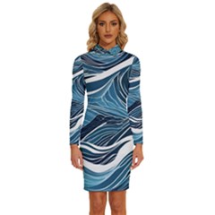 Abstract Blue Ocean Wave Long Sleeve Shirt Collar Bodycon Dress