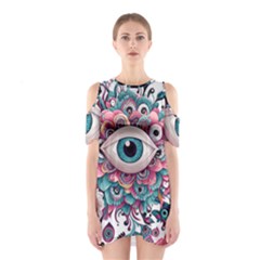 Eyes Pattern Shoulder Cutout One Piece Dress by Valentinaart