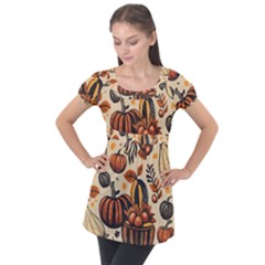 Thanksgiving Pattern Puff Sleeve Tunic Top