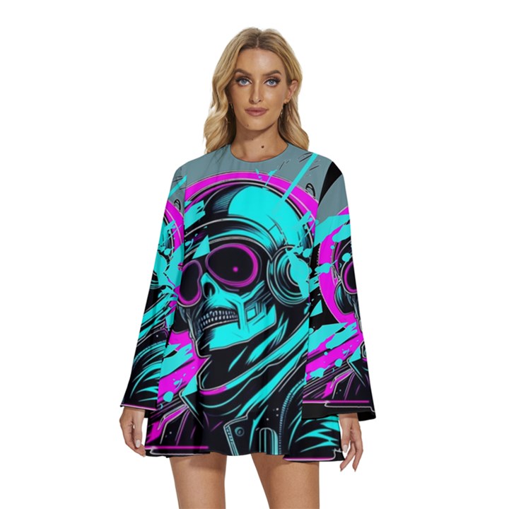 Aesthetic art  Round Neck Long Sleeve Bohemian Style Chiffon Mini Dress