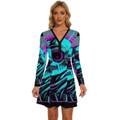 Aesthetic art  Long Sleeve Deep V Mini Dress 