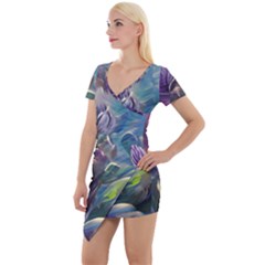 Abstract Blossoms  Short Sleeve Asymmetric Mini Dress by Internationalstore