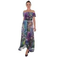 Abstract Blossoms  Off Shoulder Open Front Chiffon Dress by Internationalstore