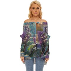 Abstract Blossoms  Off Shoulder Chiffon Pocket Shirt by Internationalstore