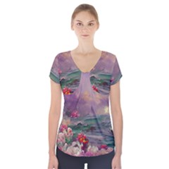 Abstract Flowers  Short Sleeve Front Detail Top by Internationalstore