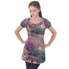 Abstract Flowers  Puff Sleeve Tunic Top by Internationalstore