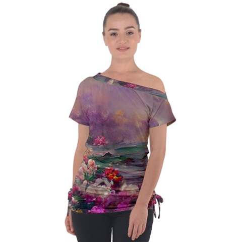 Abstract Flowers  Off Shoulder Tie-up T-shirt by Internationalstore