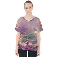 Abstract Flowers  V-neck Dolman Drape Top by Internationalstore