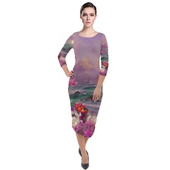 Abstract Flowers  Quarter Sleeve Midi Velour Bodycon Dress