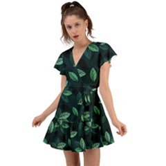 Foliage Flutter Sleeve Wrap Dress