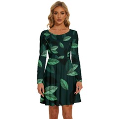 Foliage Long Sleeve Wide Neck Velvet Dress