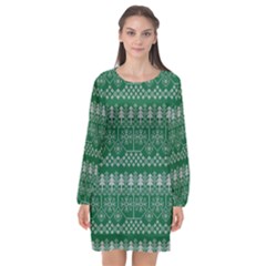 Christmas Knit Digital Long Sleeve Chiffon Shift Dress 