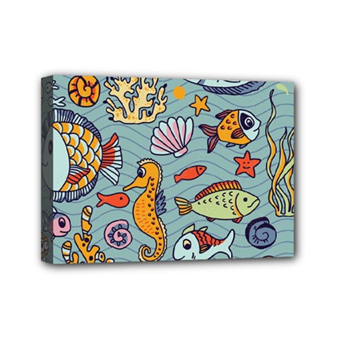 Cartoon Underwater Seamless Pattern With Crab Fish Seahorse Coral Marine Elements Mini Canvas 7  X 5  (stretched) by uniart180623