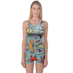 Cartoon Underwater Seamless Pattern With Crab Fish Seahorse Coral Marine Elements One Piece Boyleg Swimsuit by uniart180623