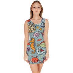 Cartoon Underwater Seamless Pattern With Crab Fish Seahorse Coral Marine Elements Bodycon Dress by uniart180623