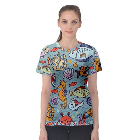 Cartoon Underwater Seamless Pattern With Crab Fish Seahorse Coral Marine Elements Women s Sport Mesh T-shirt by uniart180623