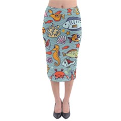 Cartoon Underwater Seamless Pattern With Crab Fish Seahorse Coral Marine Elements Midi Pencil Skirt by uniart180623