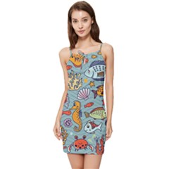 Cartoon Underwater Seamless Pattern With Crab Fish Seahorse Coral Marine Elements Summer Tie Front Dress