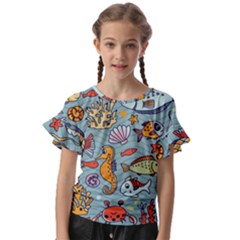 Cartoon Underwater Seamless Pattern With Crab Fish Seahorse Coral Marine Elements Kids  Cut Out Flutter Sleeves