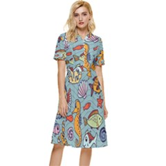Cartoon Underwater Seamless Pattern With Crab Fish Seahorse Coral Marine Elements Button Top Knee Length Dress