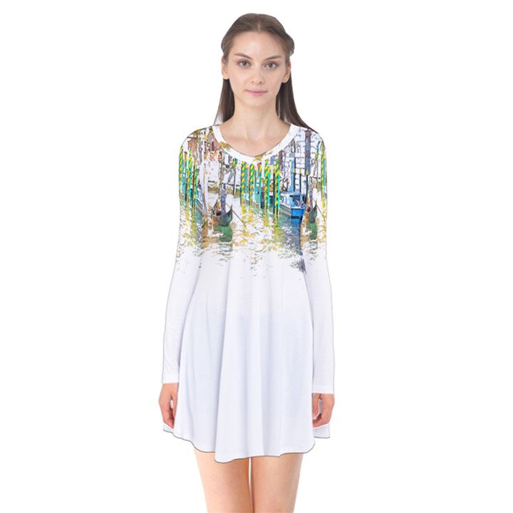 Venice T- Shirt Venice Voyage Art Digital Painting Watercolor Discovery T- Shirt (1) Long Sleeve V-neck Flare Dress