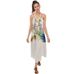 Venice T- Shirt Venice Voyage Art Digital Painting Watercolor Discovery T- Shirt (1) Halter Tie Back Dress  by ZUXUMI