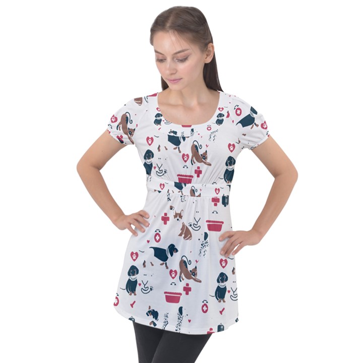 Veterinarian Gift T- Shirt Veterinary Medicine, Happy And Healthy Friends    Pattern    Coral Backgr Puff Sleeve Tunic Top