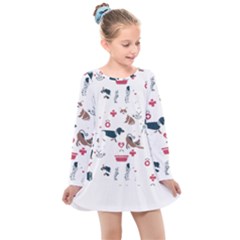Veterinarian Gift T- Shirt Veterinary Medicine, Happy And Healthy Friends    Pattern    Coral Backgr Kids  Long Sleeve Dress