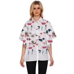 Veterinarian Gift T- Shirt Veterinary Medicine, Happy And Healthy Friends    Pattern    Coral Backgr Women s Batwing Button Up Shirt