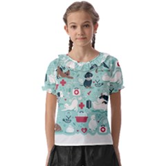 Veterinarian Medicine T- Shirt Veterinary Medicine, Happy And Healthy Friends    Aqua Background Red Kids  Frill Chiffon Blouse by ZUXUMI