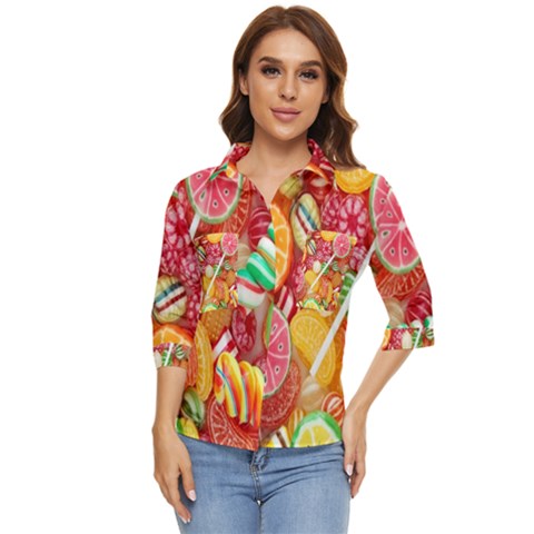 Aesthetic Candy Art Women s Quarter Sleeve Pocket Shirt by Internationalstore