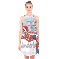 Weiner T- Shirt Walking In A Weiner Wonderland T- Shirt (1) Weiner T- Shirt Walking In A Weiner Wonderland T- Shirt Halter Collar Waist Tie Chiffon Dress