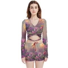 Floral Blossoms  Velvet Wrap Crop Top And Shorts Set by Internationalstore