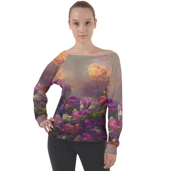 Floral Blossoms  Off Shoulder Long Sleeve Velour Top